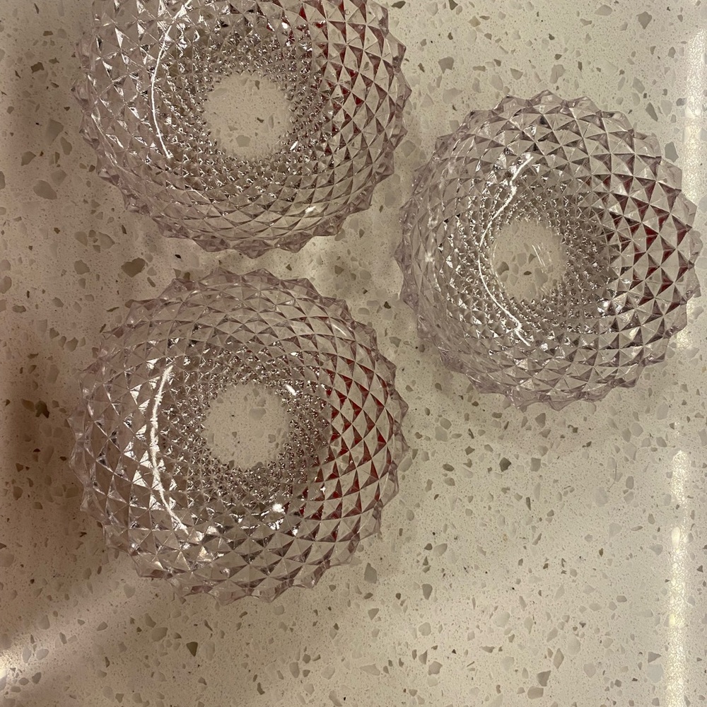 Set of Three Clear with pink tint  Textured Glass trinket Bowls.